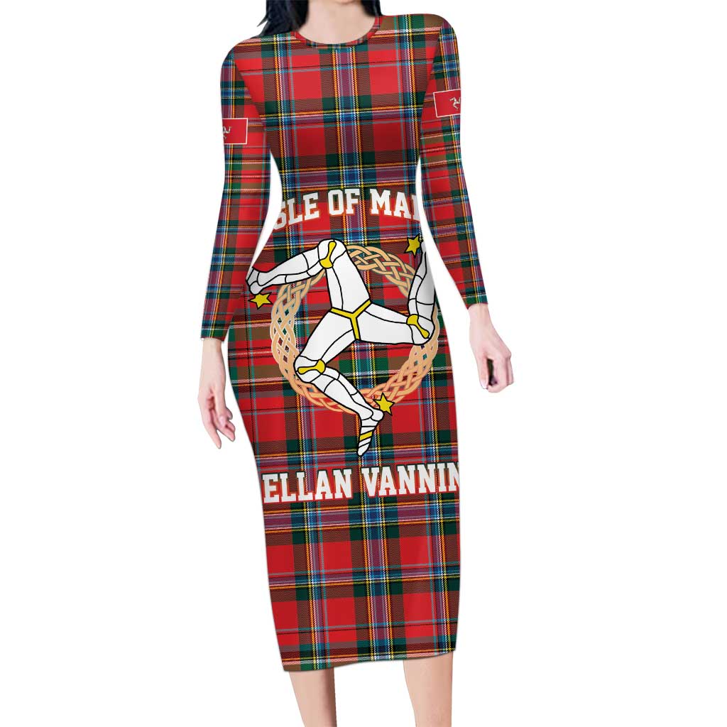 Personalized Isle of Man Triskelion Long Sleeve Bodycon Dress Celtic Knots with Red Tartan