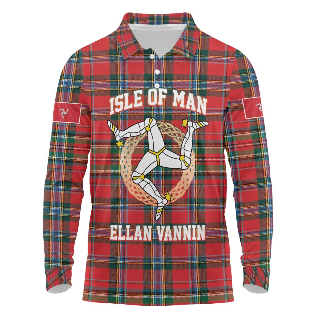 Personalized Isle of Man Triskelion Long Sleeve Polo Shirt Celtic Knots with Red Tartan