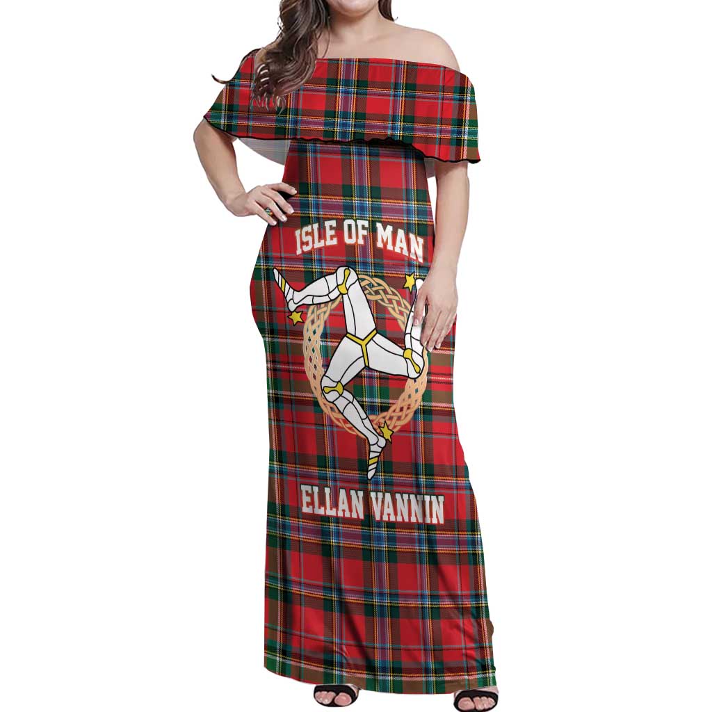 Personalized Isle of Man Triskelion Off Shoulder Maxi Dress Celtic Knots with Red Tartan