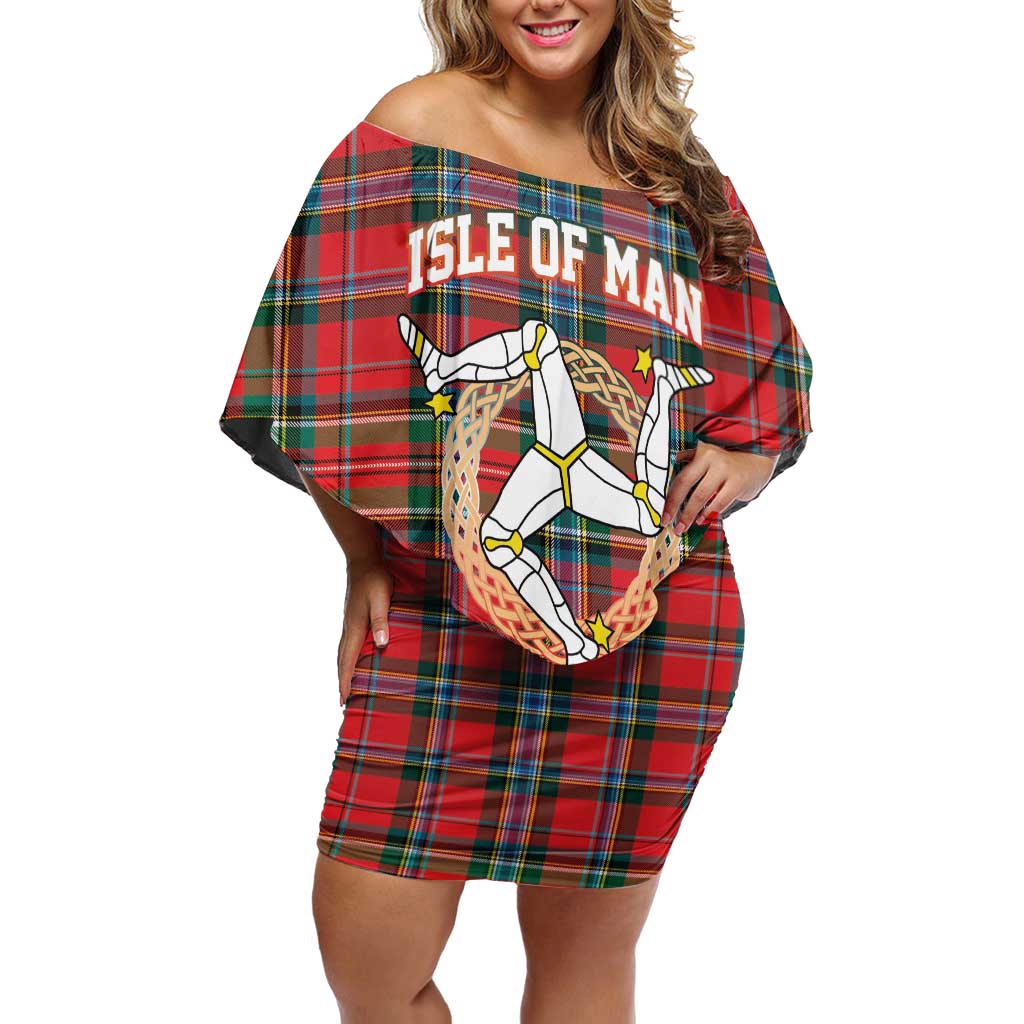 Personalized Isle of Man Triskelion Off Shoulder Short Dress Celtic Knots with Red Tartan