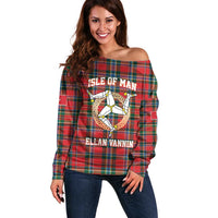 Personalized Isle of Man Triskelion Off Shoulder Sweater Celtic Knots with Red Tartan