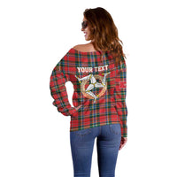 Personalized Isle of Man Triskelion Off Shoulder Sweater Celtic Knots with Red Tartan