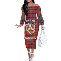 Personalized Isle of Man Triskelion Off The Shoulder Long Sleeve Dress Celtic Knots with Red Tartan