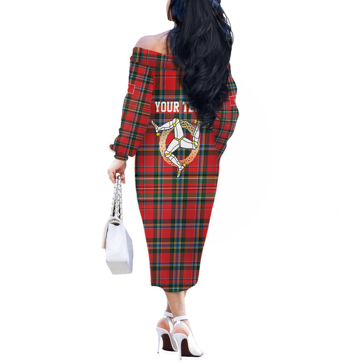 Personalized Isle of Man Triskelion Off The Shoulder Long Sleeve Dress Celtic Knots with Red Tartan