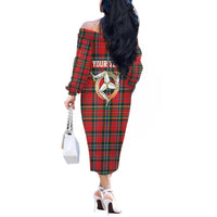 Personalized Isle of Man Triskelion Off The Shoulder Long Sleeve Dress Celtic Knots with Red Tartan