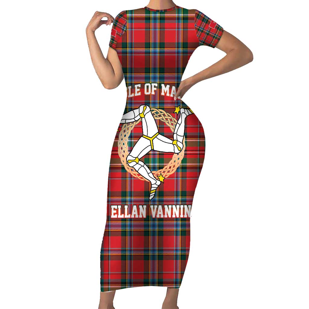 Personalized Isle of Man Triskelion Short Sleeve Bodycon Dress Celtic Knots with Red Tartan
