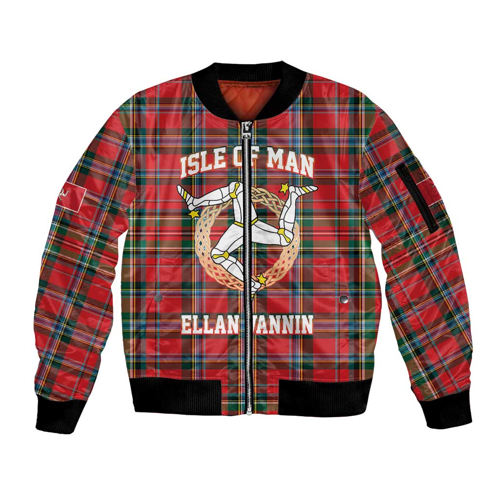 Personalized Isle of Man Triskelion Sleeve Zip Bomber Jacket Celtic Knots with Red Tartan