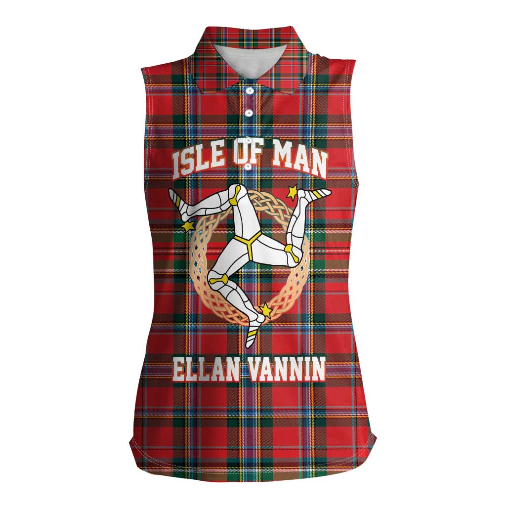 Personalized Isle of Man Triskelion Women Sleeveless Polo Shirt Celtic Knots with Red Tartan
