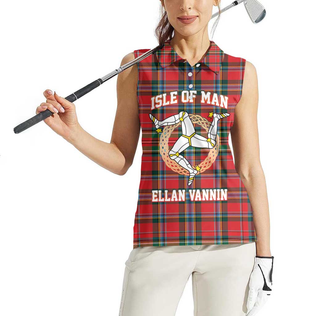 Personalized Isle of Man Triskelion Women Sleeveless Polo Shirt Celtic Knots with Red Tartan