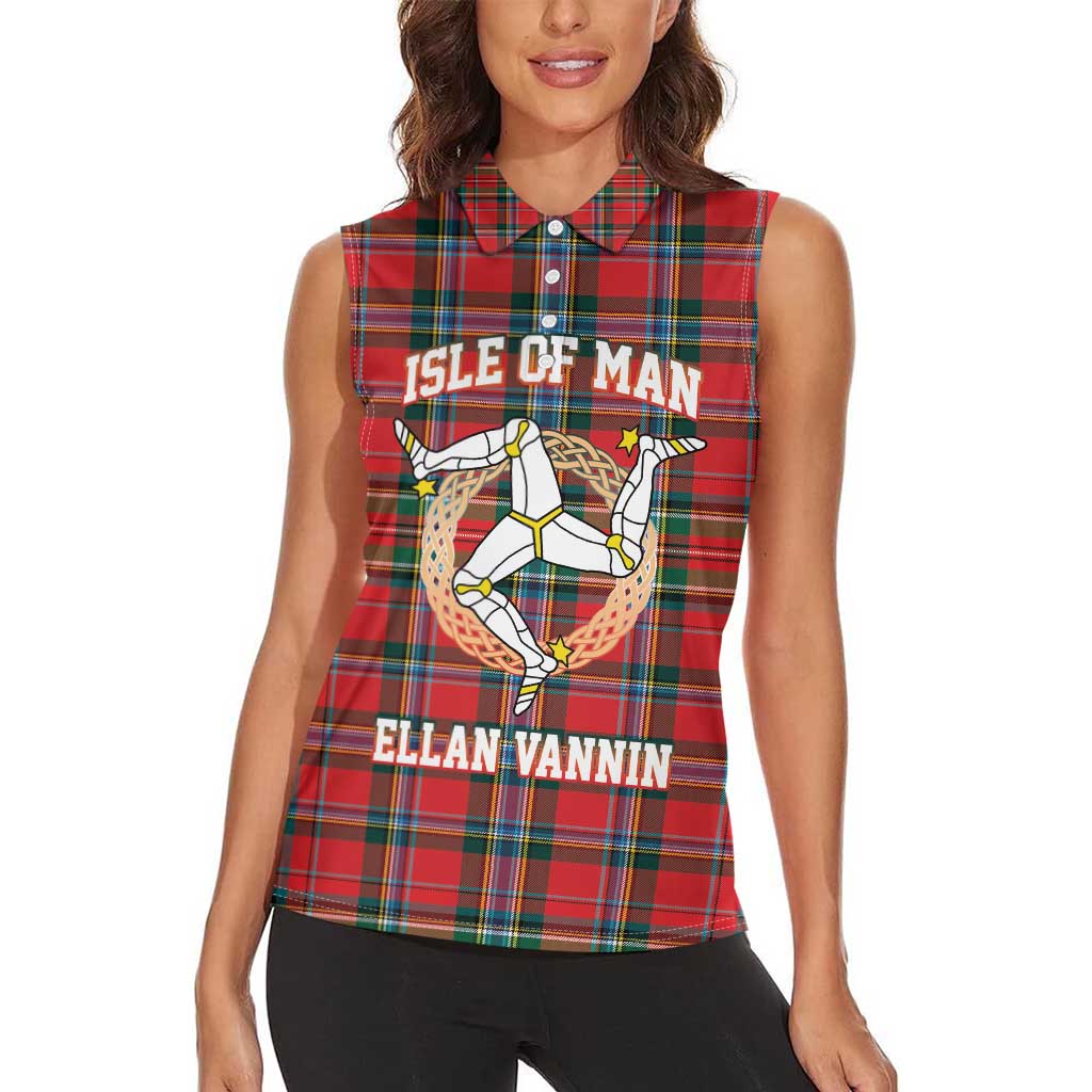 Personalized Isle of Man Triskelion Women Sleeveless Polo Shirt Celtic Knots with Red Tartan