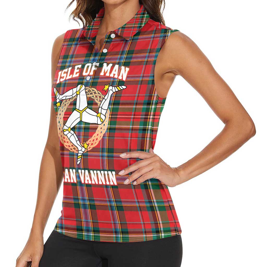 Personalized Isle of Man Triskelion Women Sleeveless Polo Shirt Celtic Knots with Red Tartan