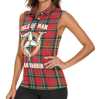 Personalized Isle of Man Triskelion Women Sleeveless Polo Shirt Celtic Knots with Red Tartan