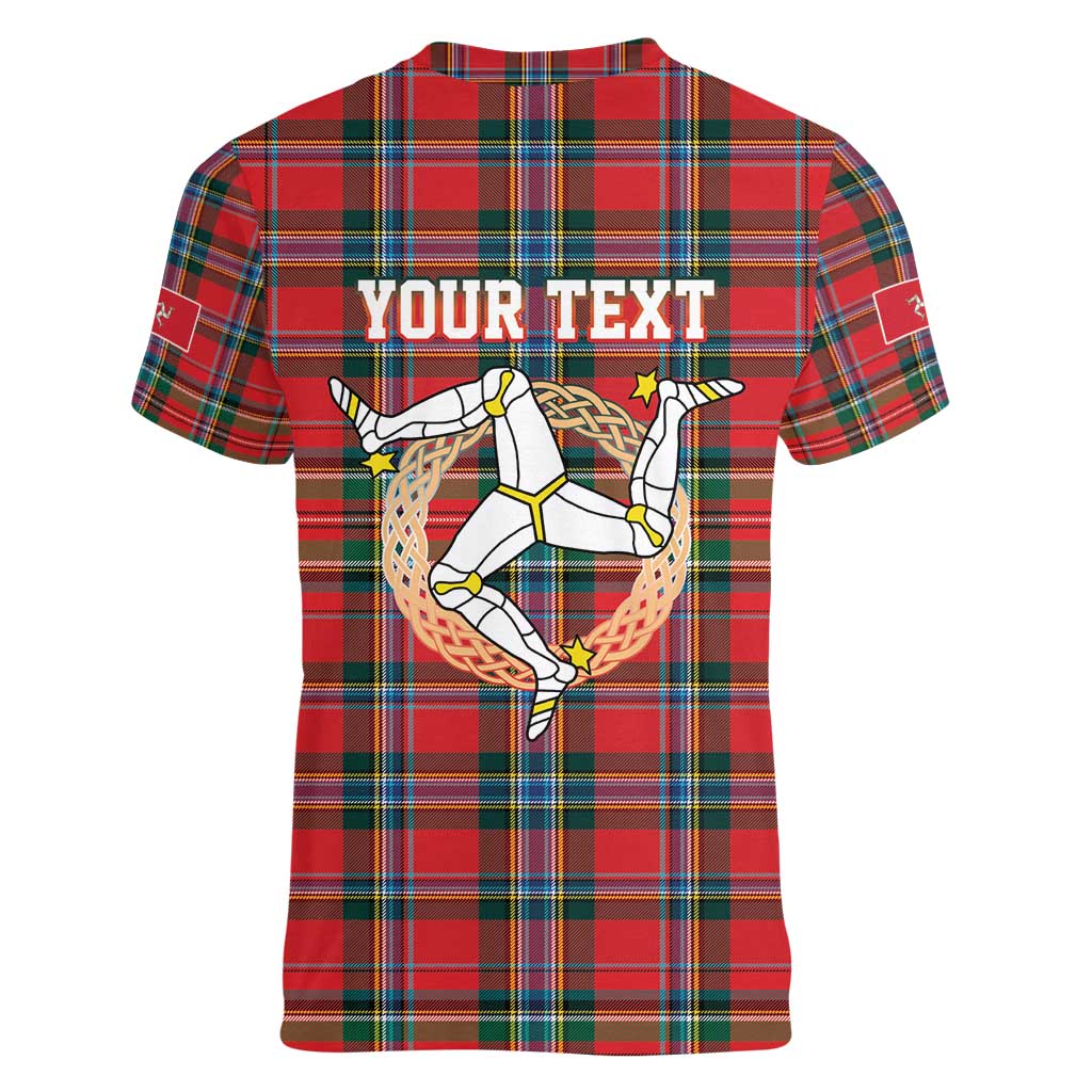 Personalized Isle of Man Triskelion Women V-Neck T-Shirt Celtic Knots with Red Tartan