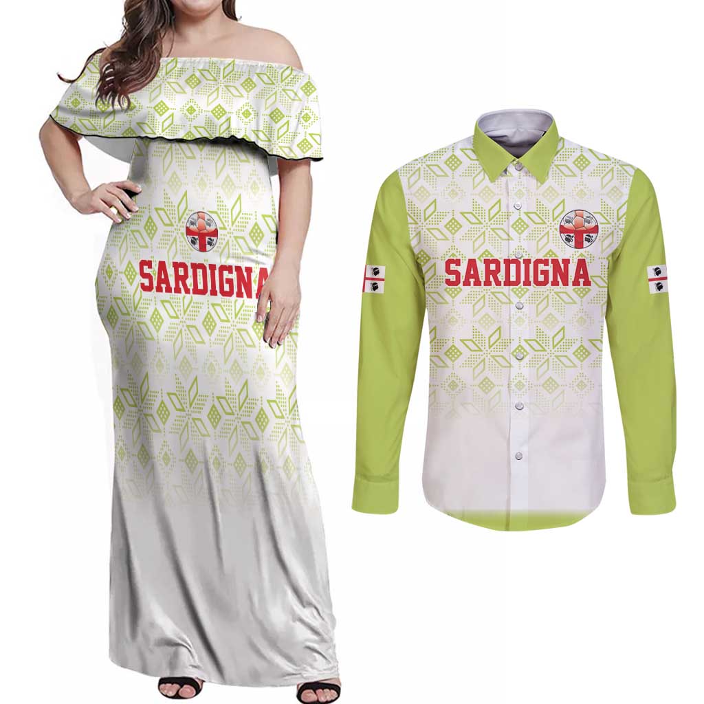 Custom Sardinia Football Couples Matching Off Shoulder Maxi Dress and Long Sleeve Button Shirt Sardigna Sporty Style
