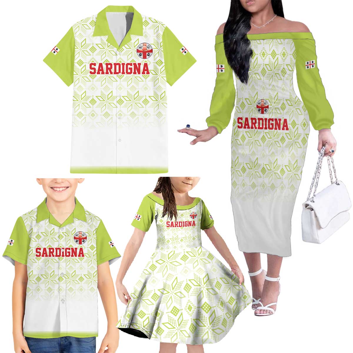 Custom Sardinia Football Family Matching Off The Shoulder Long Sleeve Dress and Hawaiian Shirt Sardigna Sporty Style