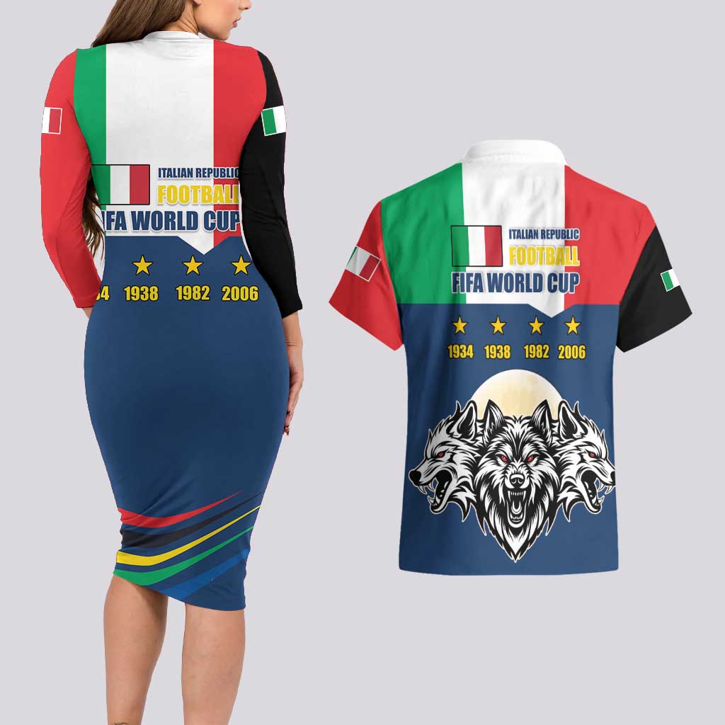 Italian Republic Football Couples Matching Long Sleeve Bodycon Dress and Hawaiian Shirt Gli Azzurri History Champion