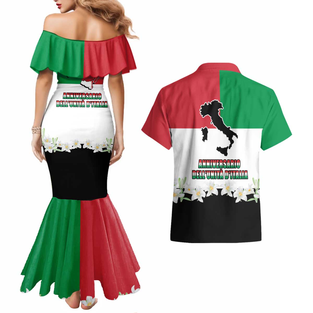 Italian Republic Anniversary of the Unification Couples Matching Mermaid Dress and Hawaiian Shirt Anniversario dellUnita d'Italia