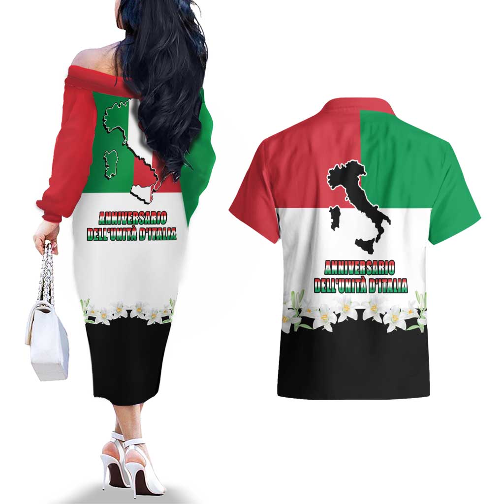 Italian Republic Anniversary of the Unification Couples Matching Off The Shoulder Long Sleeve Dress and Hawaiian Shirt Anniversario dellUnita d'Italia