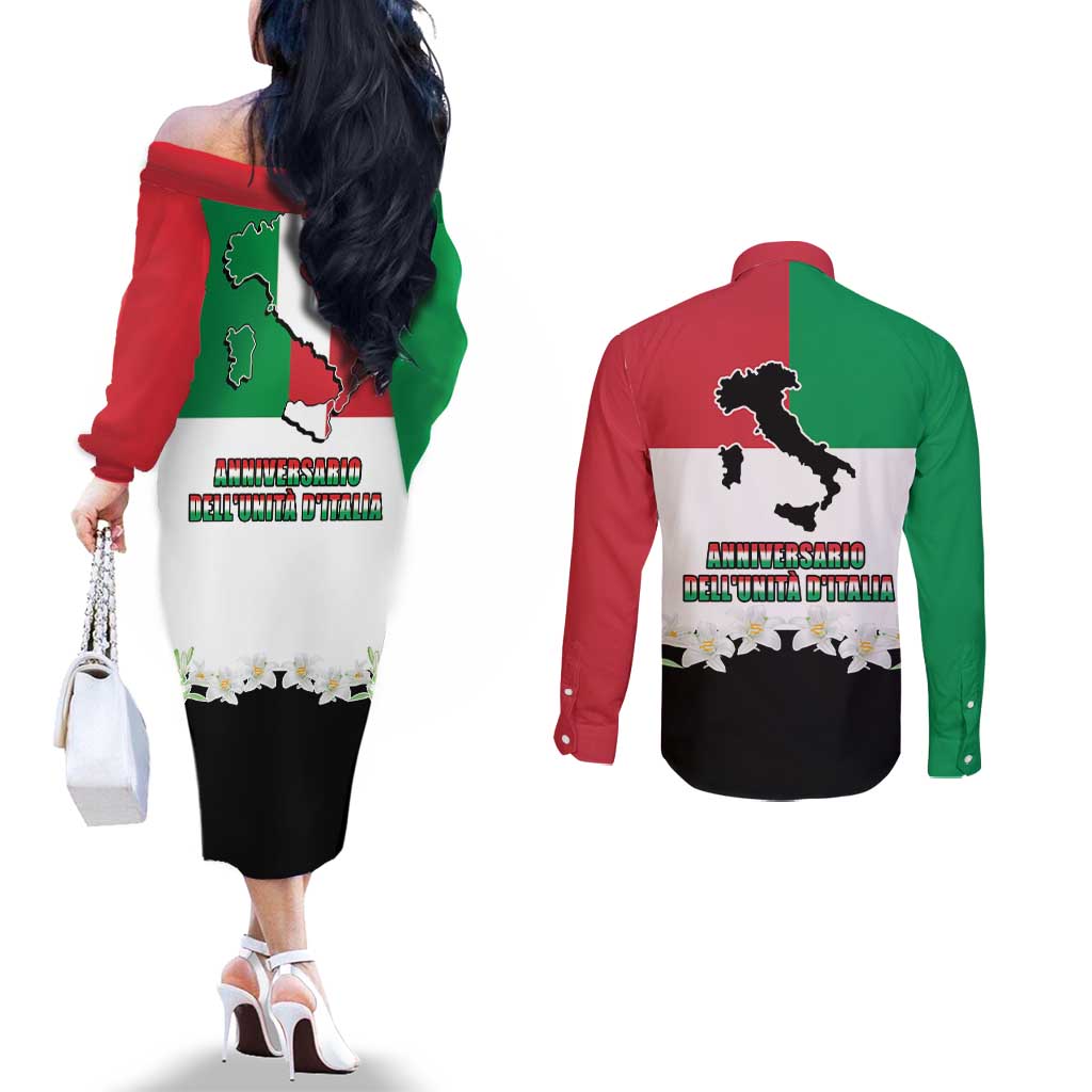 Italian Republic Anniversary of the Unification Couples Matching Off The Shoulder Long Sleeve Dress and Long Sleeve Button Shirt Anniversario dellUnita d'Italia
