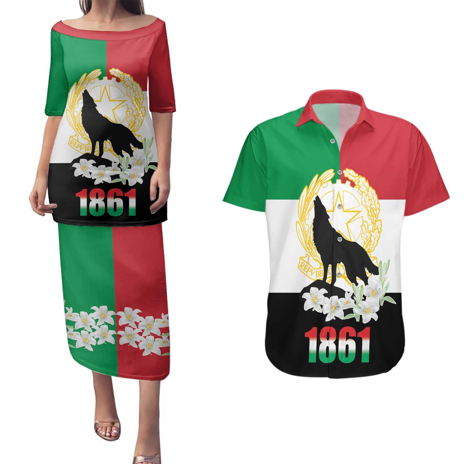 Italian Republic Anniversary of the Unification Couples Matching Puletasi and Hawaiian Shirt Anniversario dellUnita d'Italia