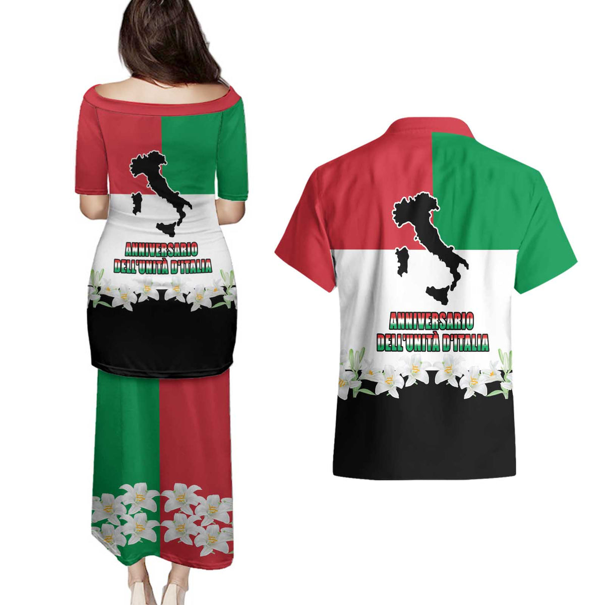 Italian Republic Anniversary of the Unification Couples Matching Puletasi and Hawaiian Shirt Anniversario dellUnita d'Italia