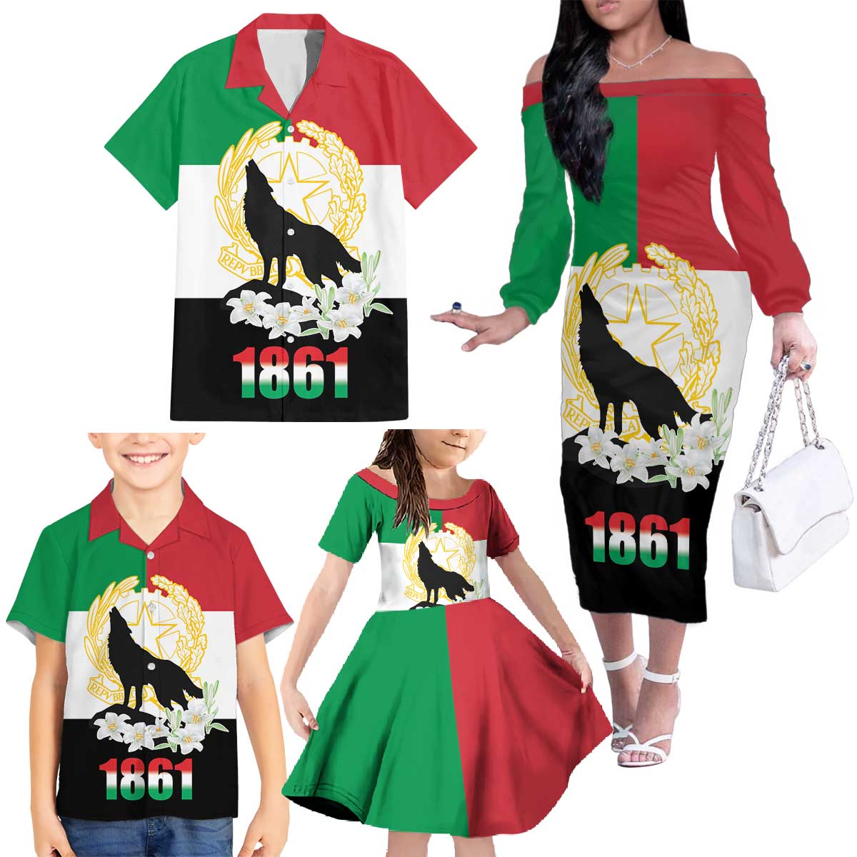 Italian Republic Anniversary of the Unification Family Matching Off The Shoulder Long Sleeve Dress and Hawaiian Shirt Anniversario dellUnita d'Italia