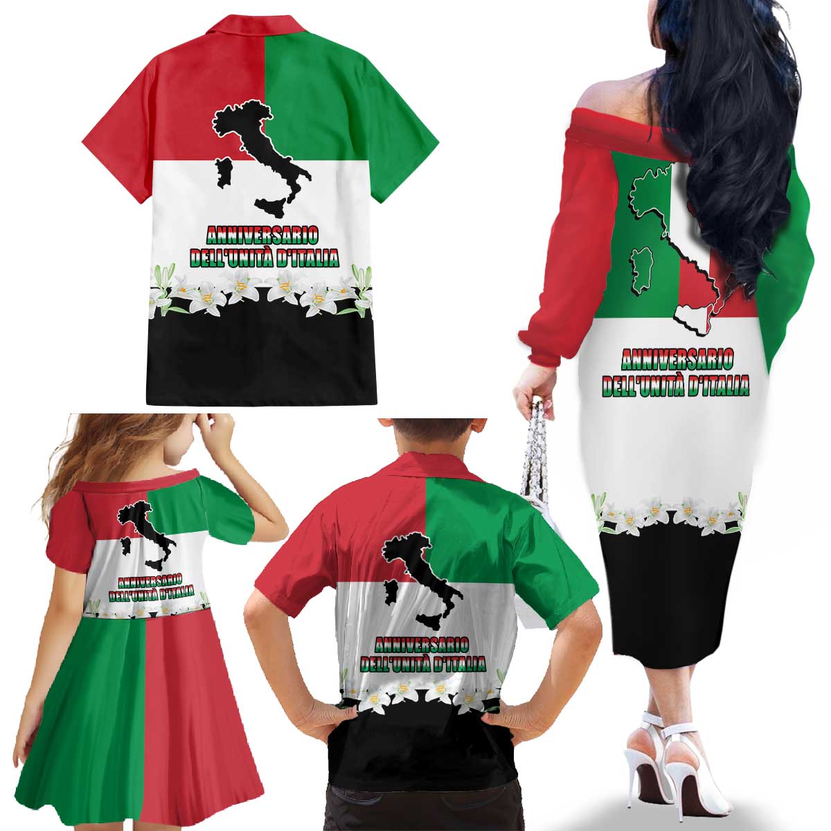 Italian Republic Anniversary of the Unification Family Matching Off The Shoulder Long Sleeve Dress and Hawaiian Shirt Anniversario dellUnita d'Italia