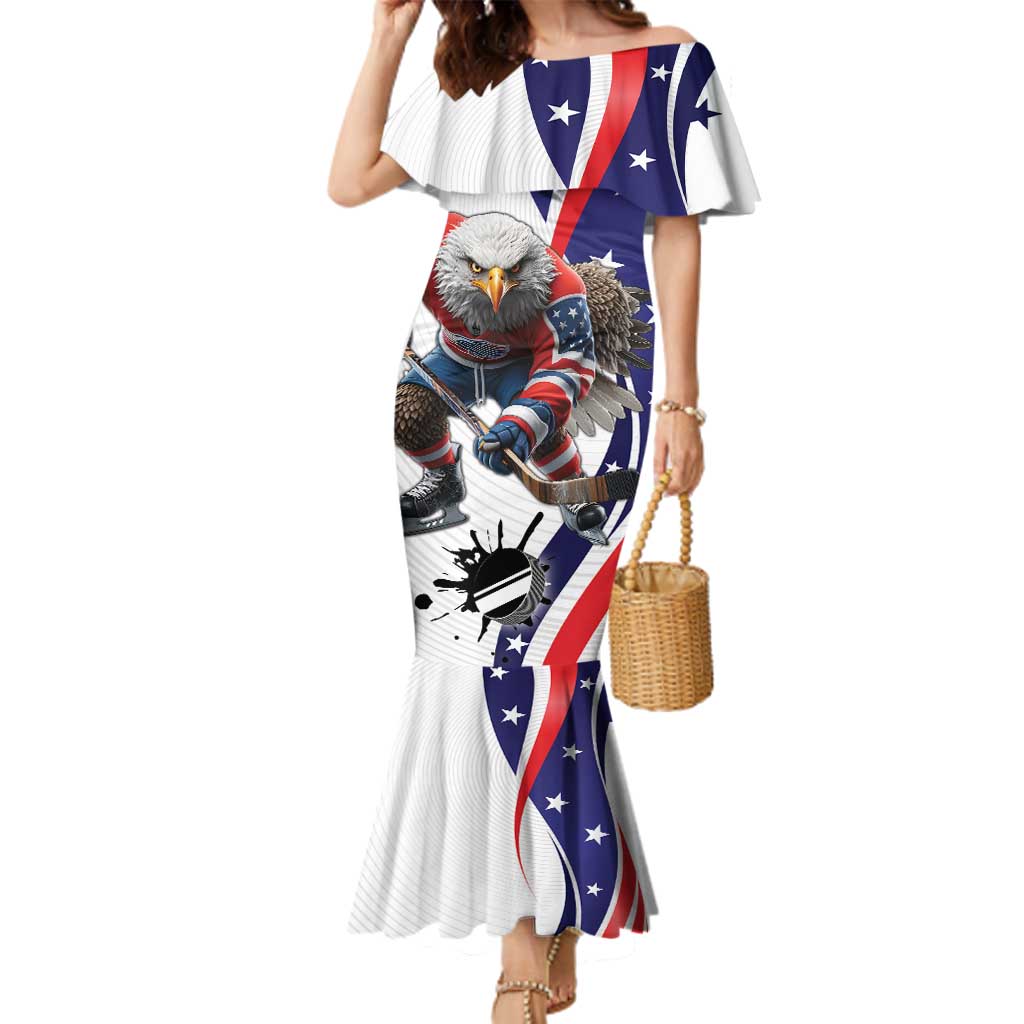 Custom United States Ice Hockey Go Champions Family Matching Mermaid Dress and Hawaiian Shirt Team USA Eagle Mascot Style