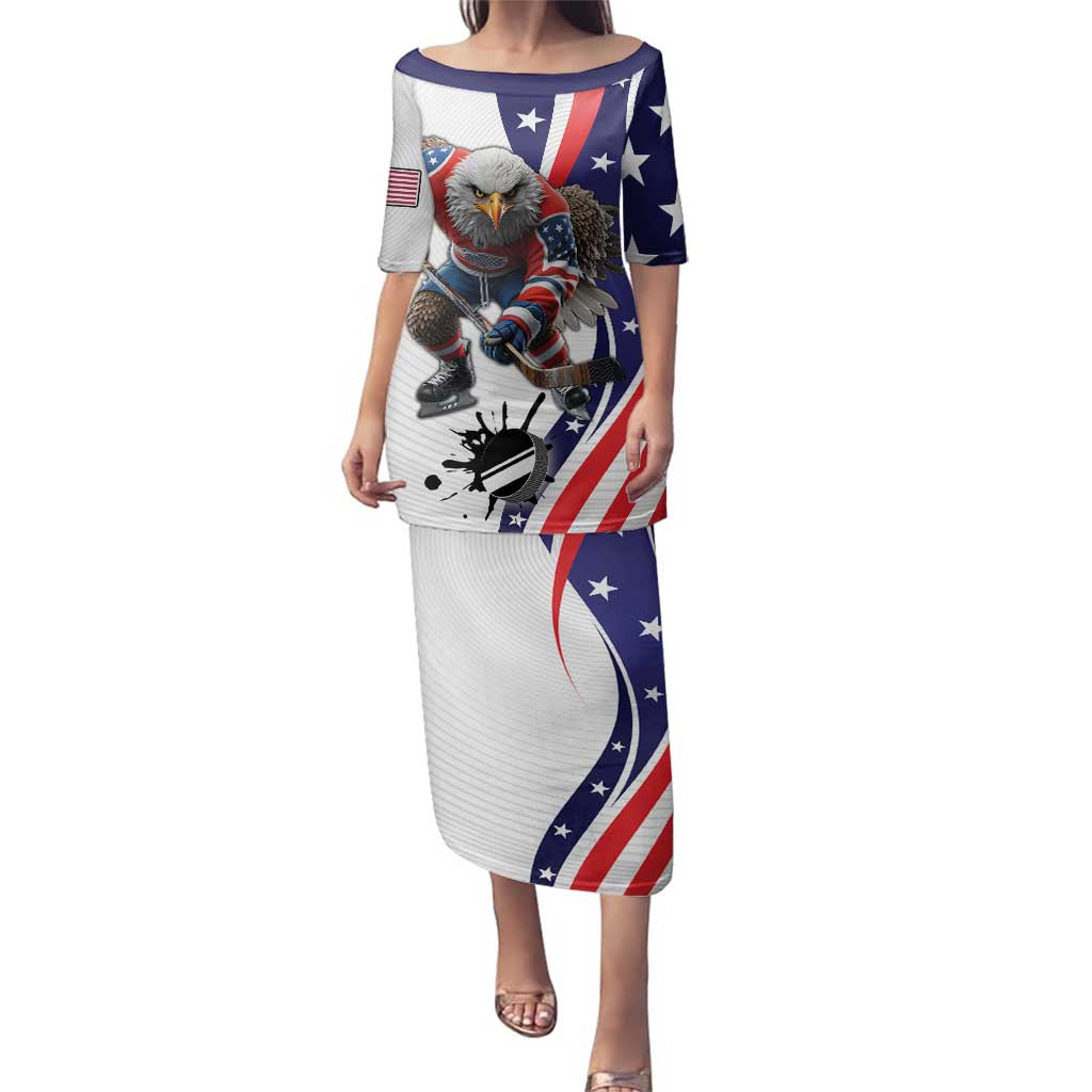 Custom United States Ice Hockey Go Champions Family Matching Puletasi and Hawaiian Shirt Team USA Eagle Mascot Style