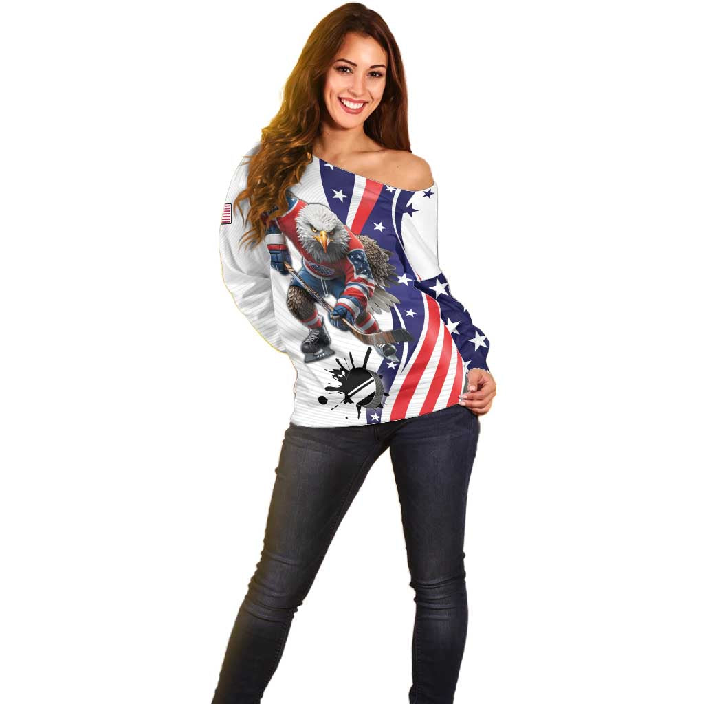 Custom United States Ice Hockey Go Champions Off Shoulder Sweater Team USA Eagle Mascot Style
