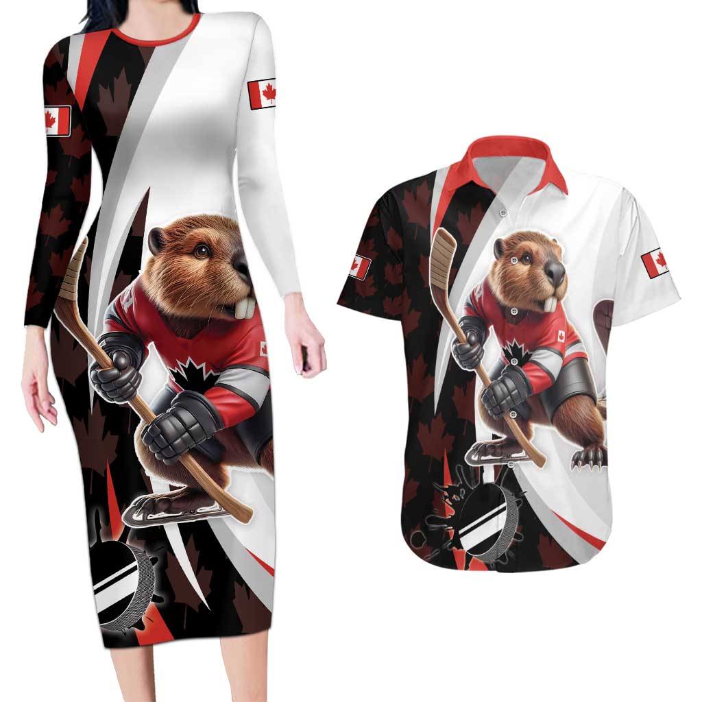 Custom Canada Ice Hockey Go Champions Couples Matching Long Sleeve Bodycon Dress and Hawaiian Shirt Team Canada Beaver Mascot Style