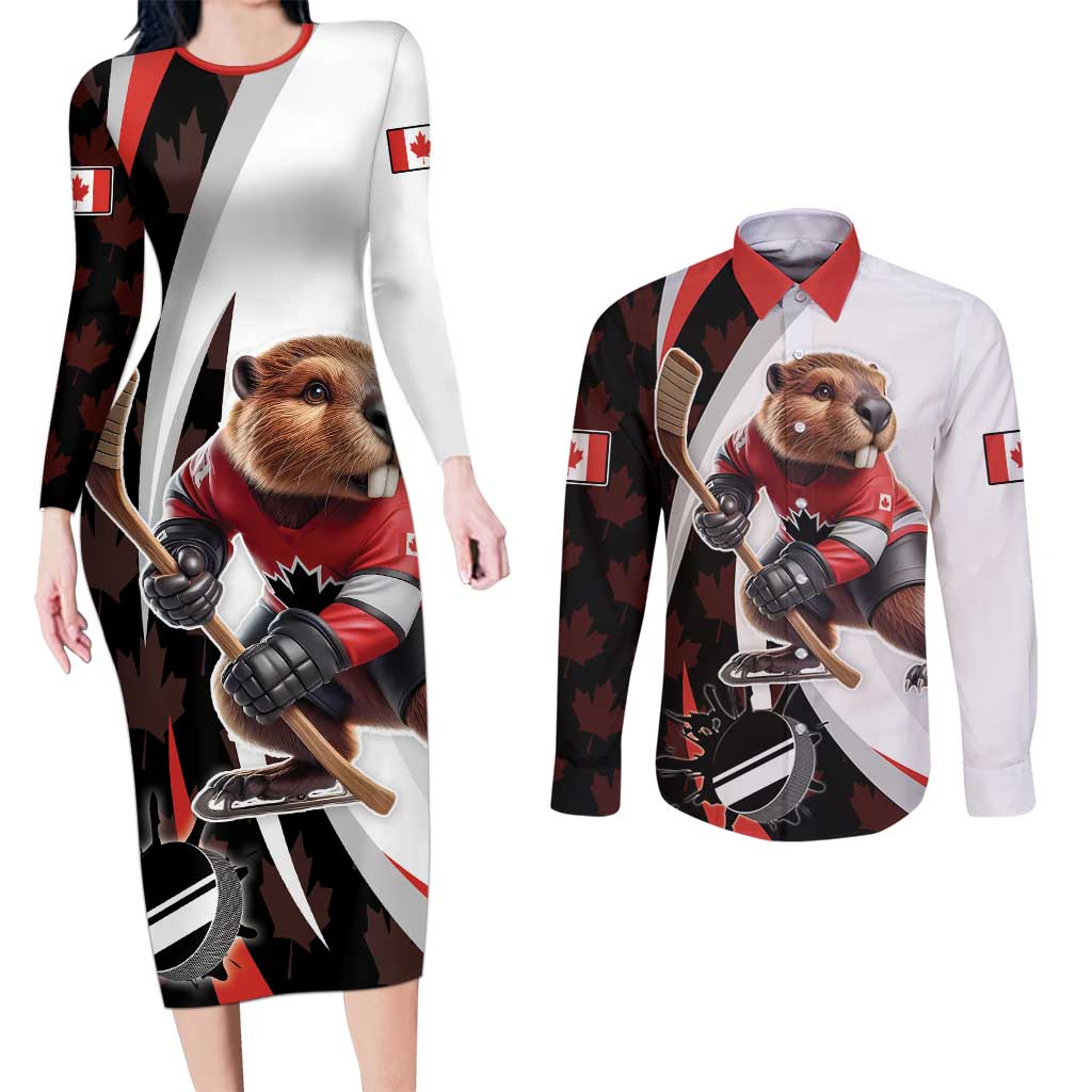 Custom Canada Ice Hockey Go Champions Couples Matching Long Sleeve Bodycon Dress and Long Sleeve Button Shirt Team Canada Beaver Mascot Style