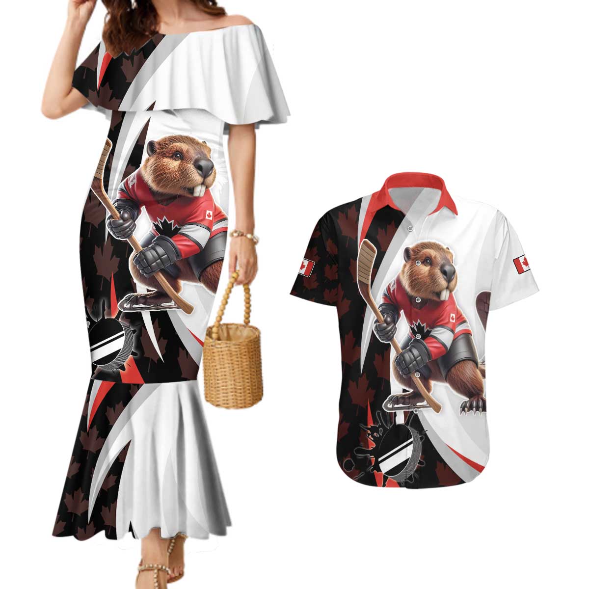 Custom Canada Ice Hockey Go Champions Couples Matching Mermaid Dress and Hawaiian Shirt Team Canada Beaver Mascot Style