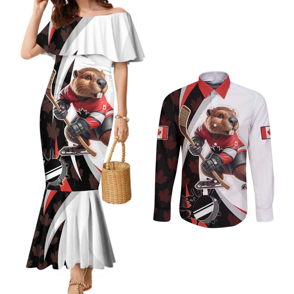 Custom Canada Ice Hockey Go Champions Couples Matching Mermaid Dress and Long Sleeve Button Shirt Team Canada Beaver Mascot Style