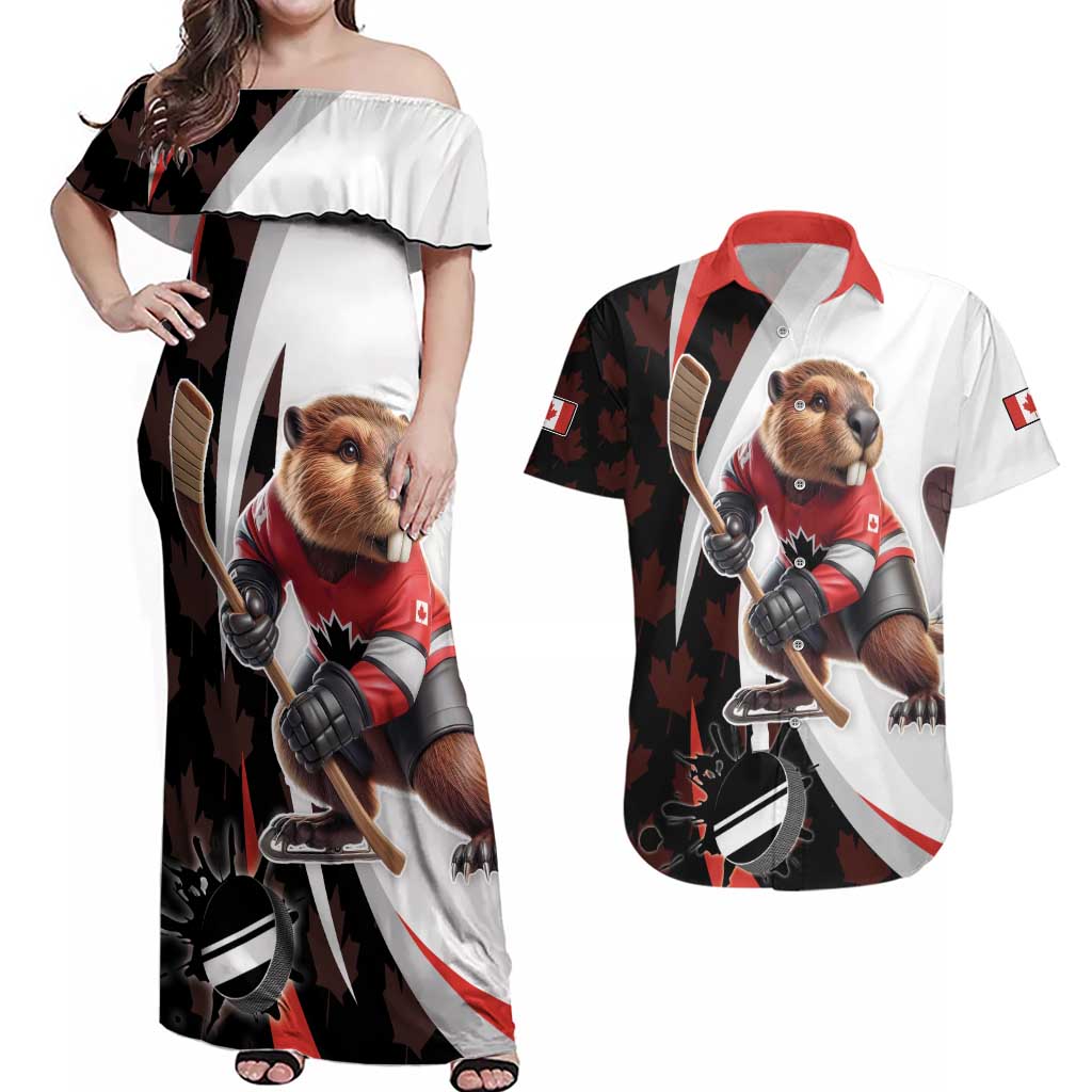 Custom Canada Ice Hockey Go Champions Couples Matching Off Shoulder Maxi Dress and Hawaiian Shirt Team Canada Beaver Mascot Style