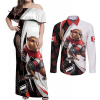 Custom Canada Ice Hockey Go Champions Couples Matching Off Shoulder Maxi Dress and Long Sleeve Button Shirt Team Canada Beaver Mascot Style