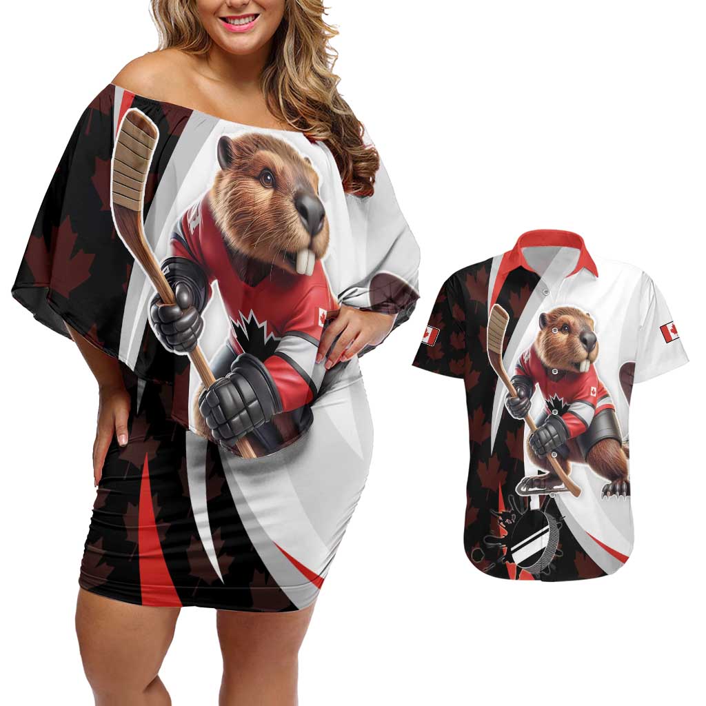 Custom Canada Ice Hockey Go Champions Couples Matching Off Shoulder Short Dress and Hawaiian Shirt Team Canada Beaver Mascot Style