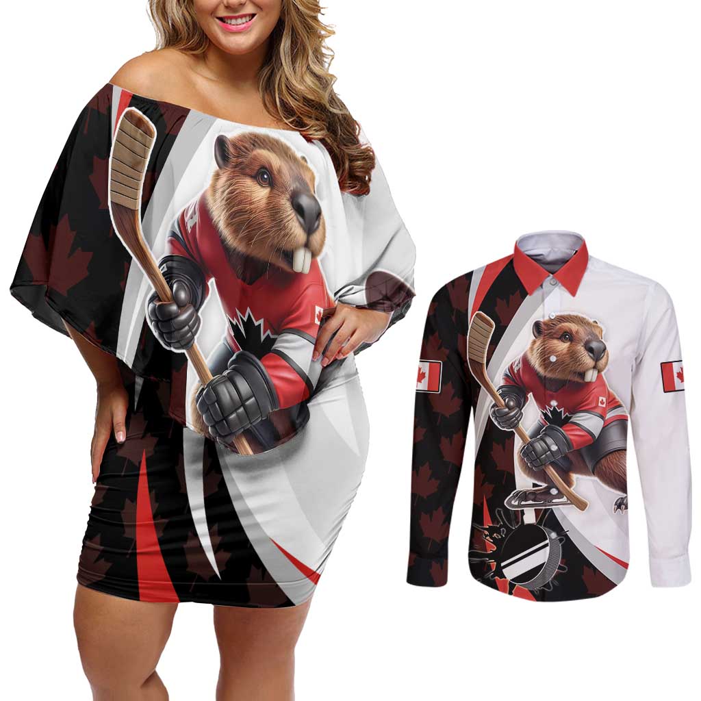 Custom Canada Ice Hockey Go Champions Couples Matching Off Shoulder Short Dress and Long Sleeve Button Shirt Team Canada Beaver Mascot Style