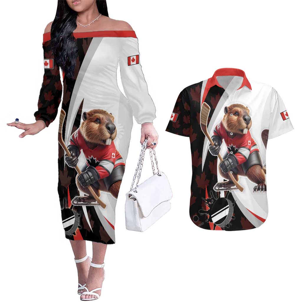 Custom Canada Ice Hockey Go Champions Couples Matching Off The Shoulder Long Sleeve Dress and Hawaiian Shirt Team Canada Beaver Mascot Style