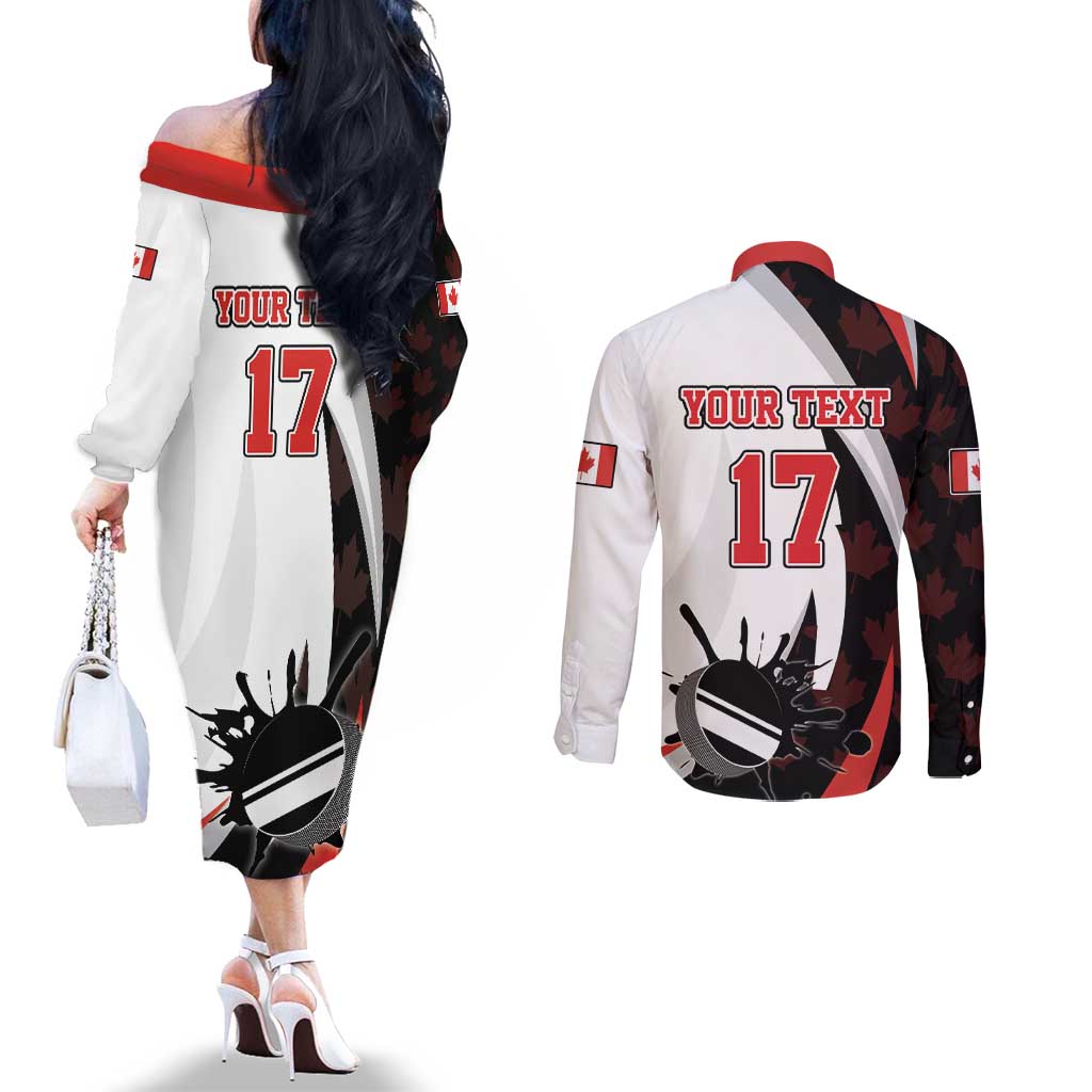 Custom Canada Ice Hockey Go Champions Couples Matching Off The Shoulder Long Sleeve Dress and Long Sleeve Button Shirt Team Canada Beaver Mascot Style