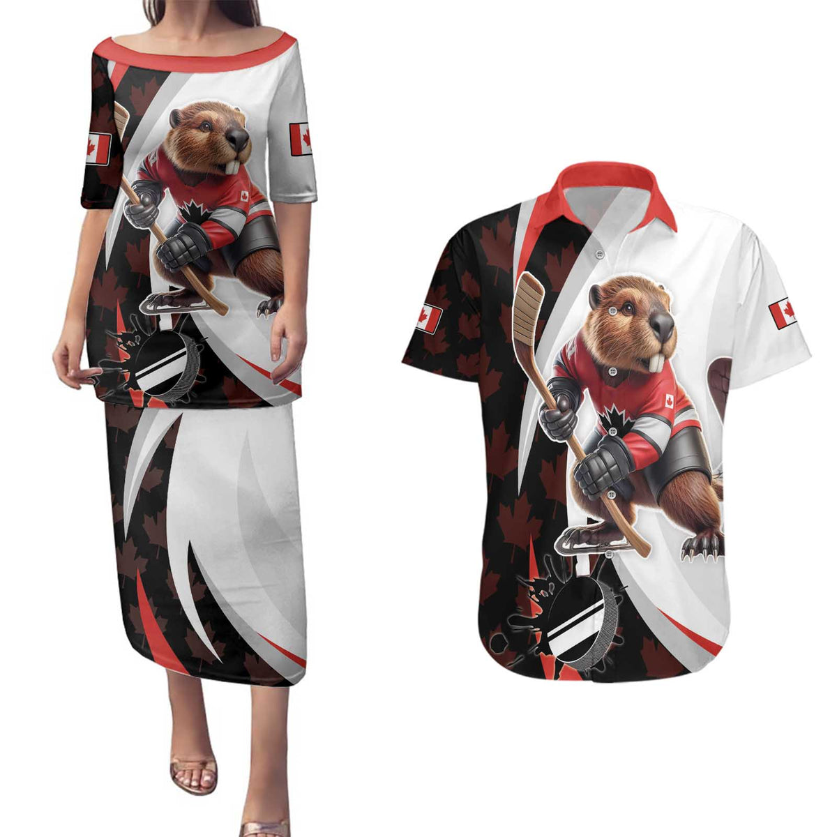 Custom Canada Ice Hockey Go Champions Couples Matching Puletasi and Hawaiian Shirt Team Canada Beaver Mascot Style
