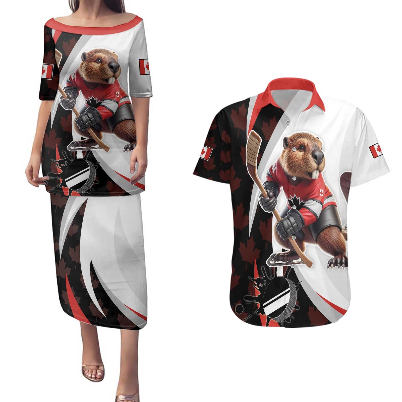 Custom Canada Ice Hockey Go Champions Couples Matching Puletasi and Hawaiian Shirt Team Canada Beaver Mascot Style