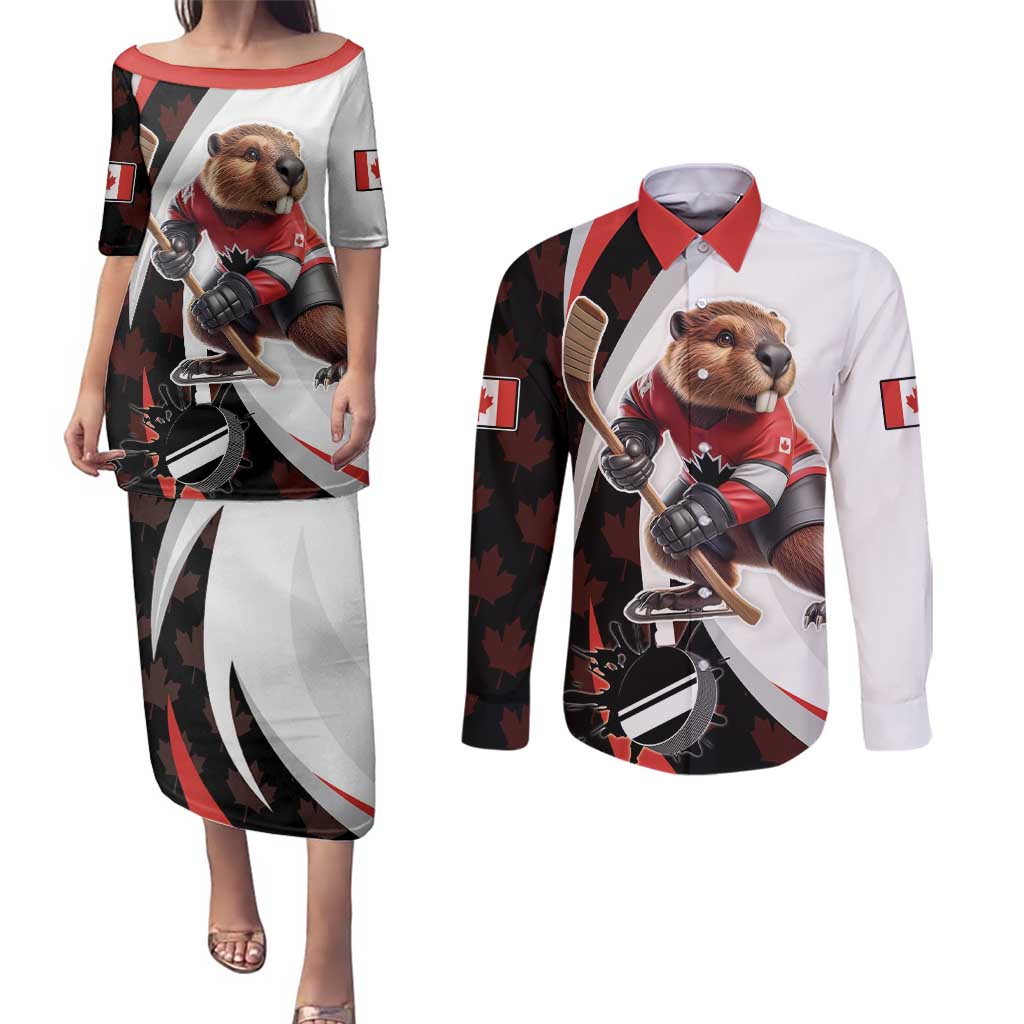 Custom Canada Ice Hockey Go Champions Couples Matching Puletasi and Long Sleeve Button Shirt Team Canada Beaver Mascot Style