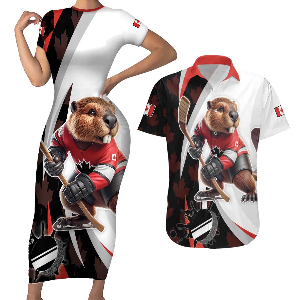 Custom Canada Ice Hockey Go Champions Couples Matching Short Sleeve Bodycon Dress and Hawaiian Shirt Team Canada Beaver Mascot Style
