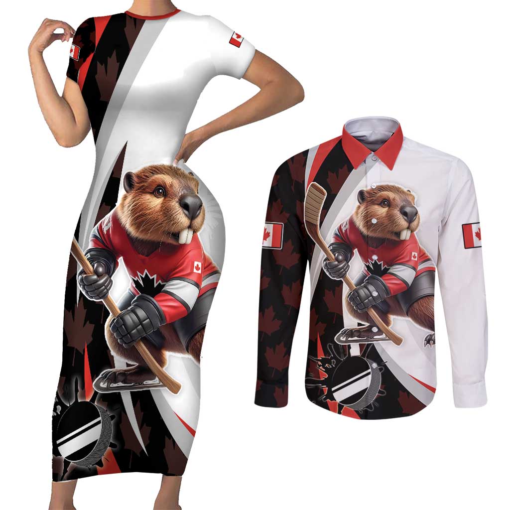 Custom Canada Ice Hockey Go Champions Couples Matching Short Sleeve Bodycon Dress and Long Sleeve Button Shirt Team Canada Beaver Mascot Style
