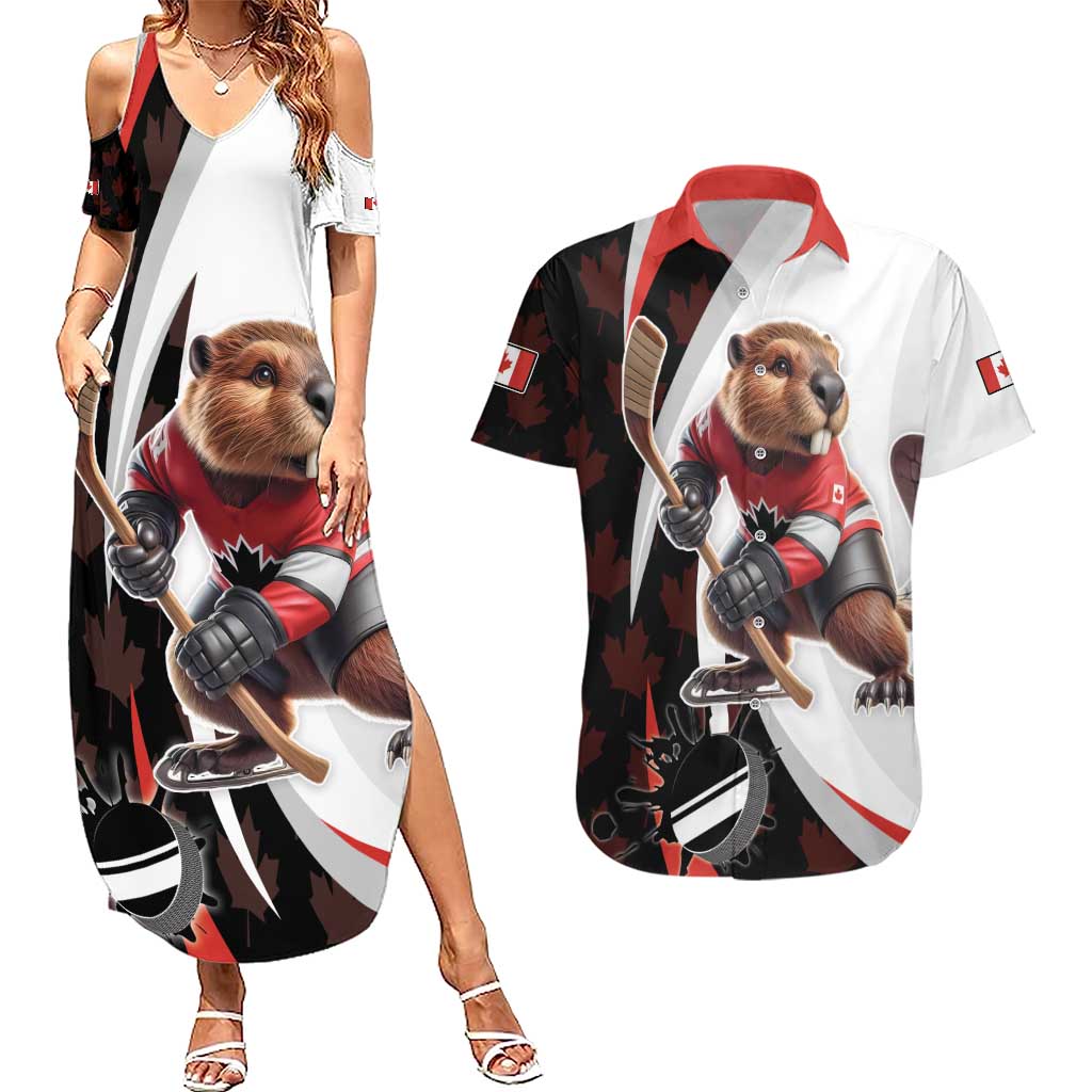 Custom Canada Ice Hockey Go Champions Couples Matching Summer Maxi Dress and Hawaiian Shirt Team Canada Beaver Mascot Style