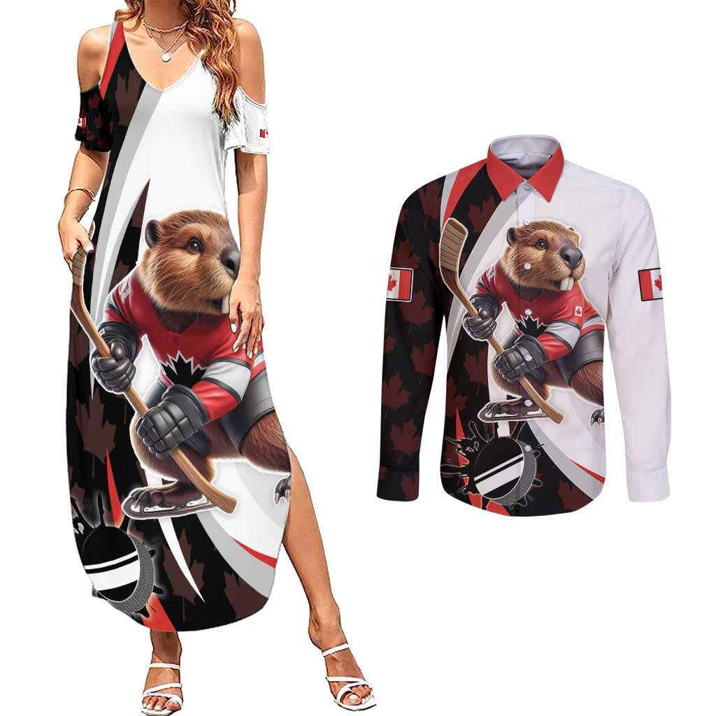 Custom Canada Ice Hockey Go Champions Couples Matching Summer Maxi Dress and Long Sleeve Button Shirt Team Canada Beaver Mascot Style