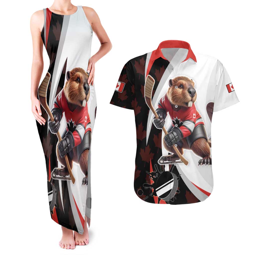 Custom Canada Ice Hockey Go Champions Couples Matching Tank Maxi Dress and Hawaiian Shirt Team Canada Beaver Mascot Style