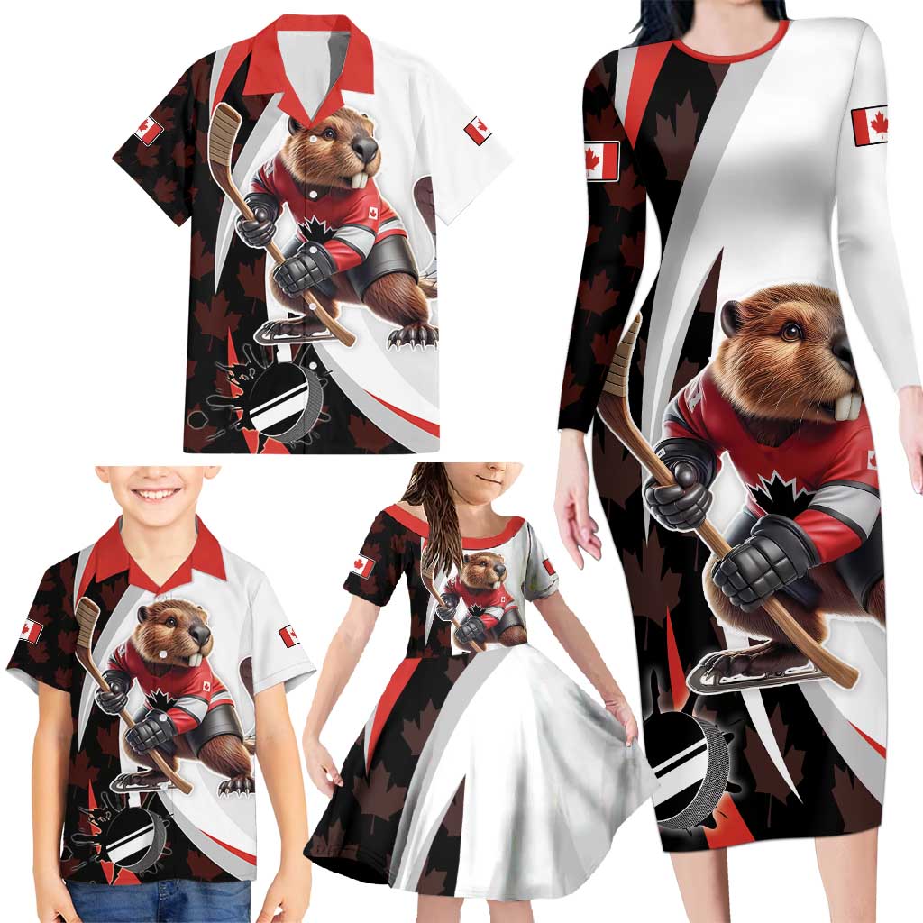 Custom Canada Ice Hockey Go Champions Family Matching Long Sleeve Bodycon Dress and Hawaiian Shirt Team Canada Beaver Mascot Style