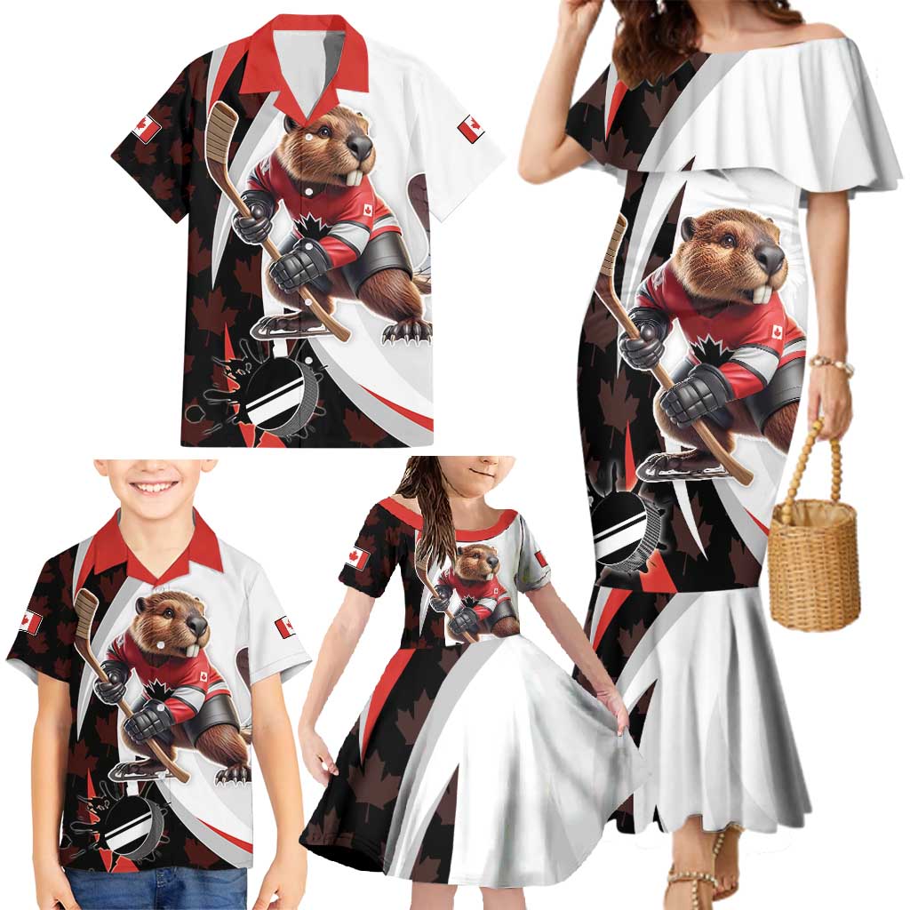 Custom Canada Ice Hockey Go Champions Family Matching Mermaid Dress and Hawaiian Shirt Team Canada Beaver Mascot Style
